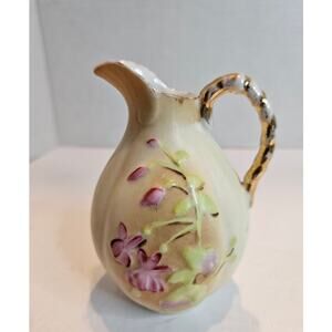 Pitcher Antique German Fine Bisque China Handpainted Pink Fuchsia Flowers 4.5"